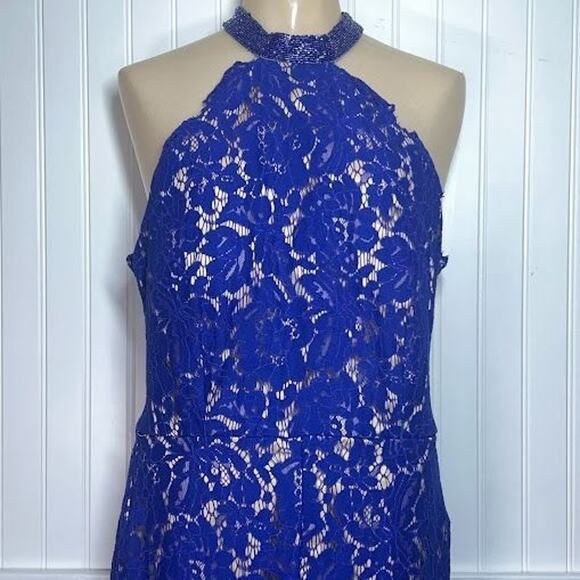 Lotus Threads Beaded Neckline Lace Jumpsuit Cobalt Blue Lace Illusion Halter - Picture 6 of 14
